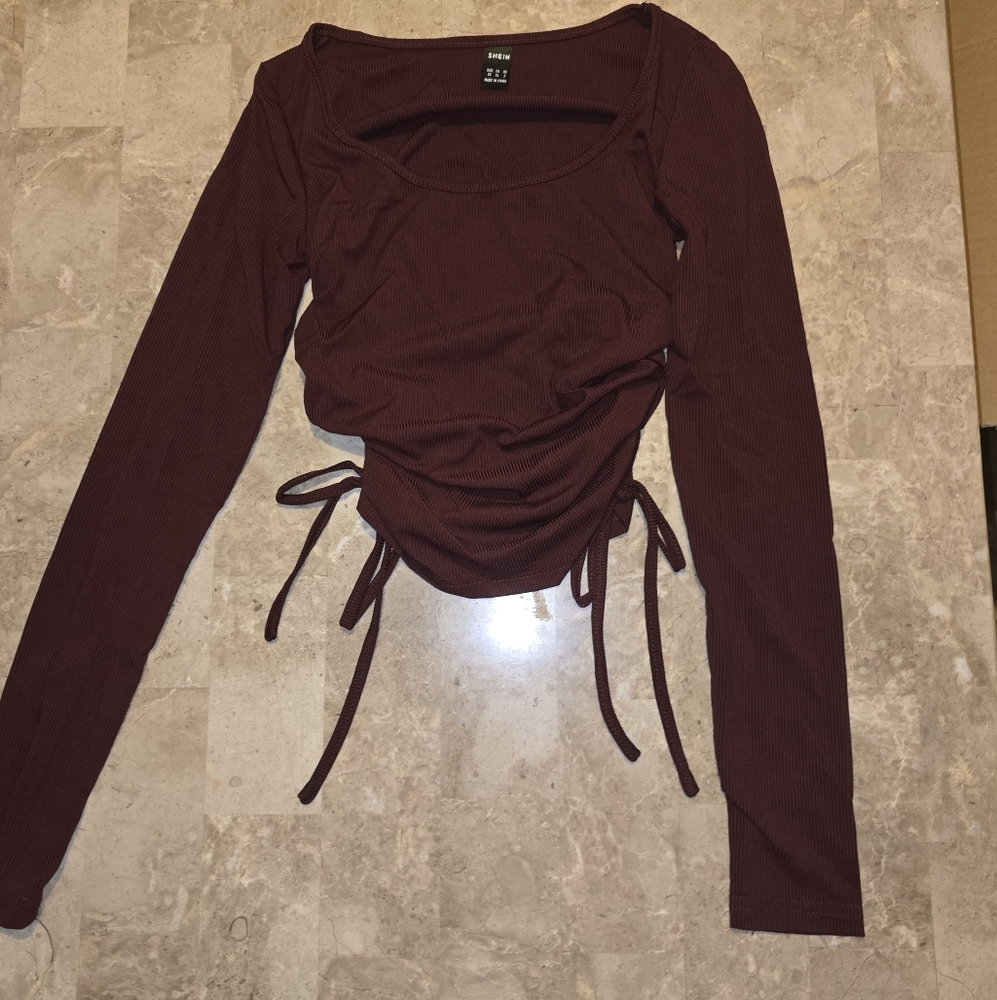 SHEIN Burgundy Long Sleeve Top with Tie Accents